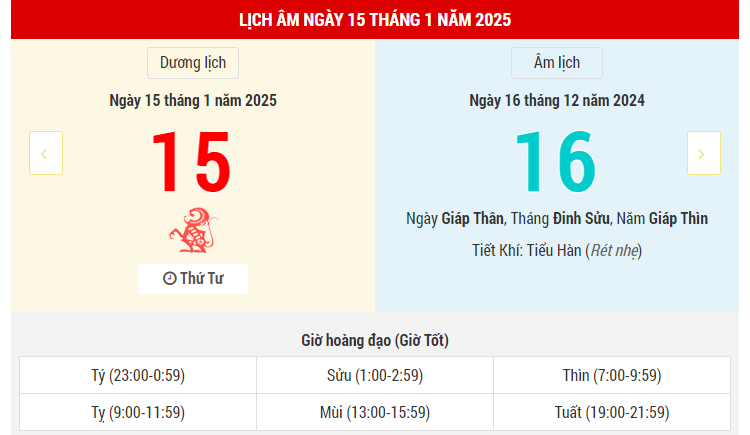Ngày 15 tháng 1 năm 2025 là ngày tốt hay xấu? Lịch vạn niên ngày 15/1/2025, ngày 16/12 âm lịch Giáp Thìn, Tư Mệnh Hoàng Đạo, trăm việc đều tốt