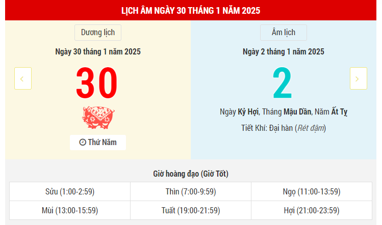 Ngày 30 tháng 1 năm 2025 là ngày tốt hay xấu? Lịch vạn niên ngày Mồng 2 Tết Ất Tỵ, Câu Trần Hắc Đạo, kị chôn cất