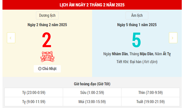 Ngày 2 tháng 2 năm 2025 là ngày tốt hay xấu? Lịch vạn niên ngày 2/2/2025, Mồng 5 Tết Ất Tỵ ngày Thiên Hình Hắc Đạo, xuất hành xấu