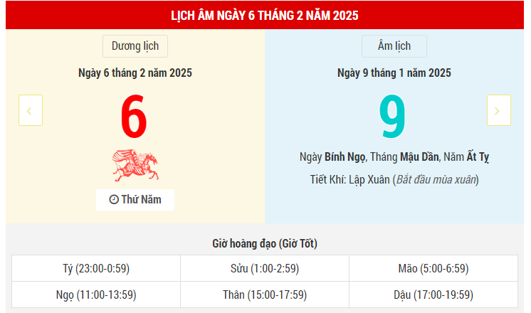 Ngày 6 tháng 2 năm 2025 là ngày tốt hay xấu? Lịch vạn niên ngày 6/2/2025, Mồng 9 Tết Ất Tỵ ngày Bạch Hổ Hắc Đạo, khai trương tốt