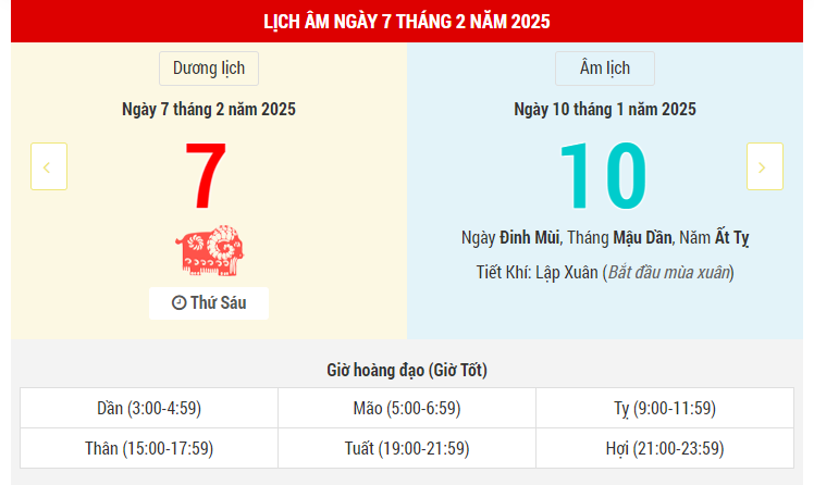 Ngày 7 tháng 2 năm 2025 là ngày tốt hay xấu? Lịch vạn niên ngày 7/2/2025, ngày vía thần tài 10 Tết Ất Tỵ, Ngọc Đường Hoàng Đạo, đi Chùa tốt