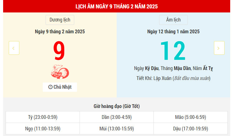 Ngày 9  tháng 2 năm 2025 là ngày tốt hay xấu? Lịch vạn niên ngày 9/2/2025, ngày 12/1 Ất Tỵ, Nguyên Vũ Hắc Đạo, khai trương mở hàng xấu