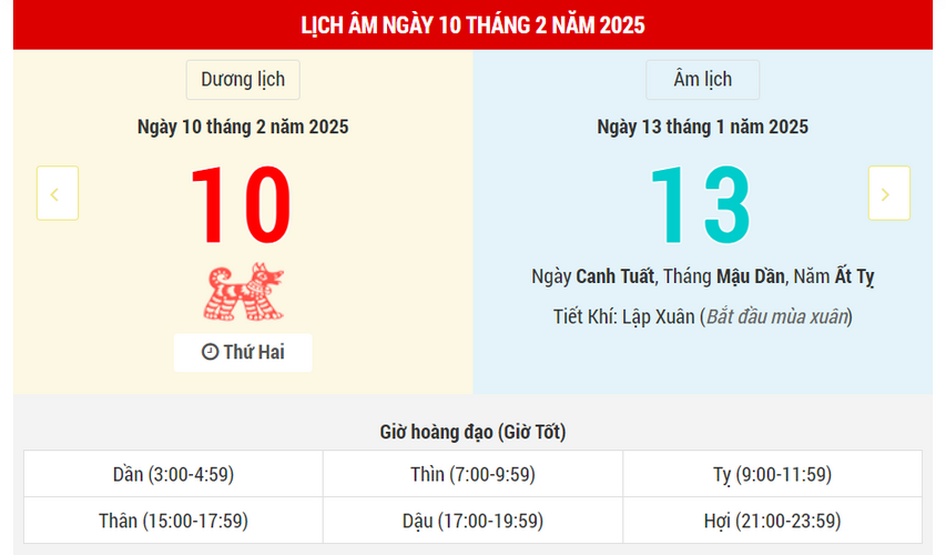 Ngày 10 tháng 2 năm 2025 là ngày tốt hay xấu? Lịch vạn niên ngày 10/2/2025, ngày 13/1 Ất Tỵ, Tư Mệnh Hoàng Đạo, ngày cát tốt nhiều việc