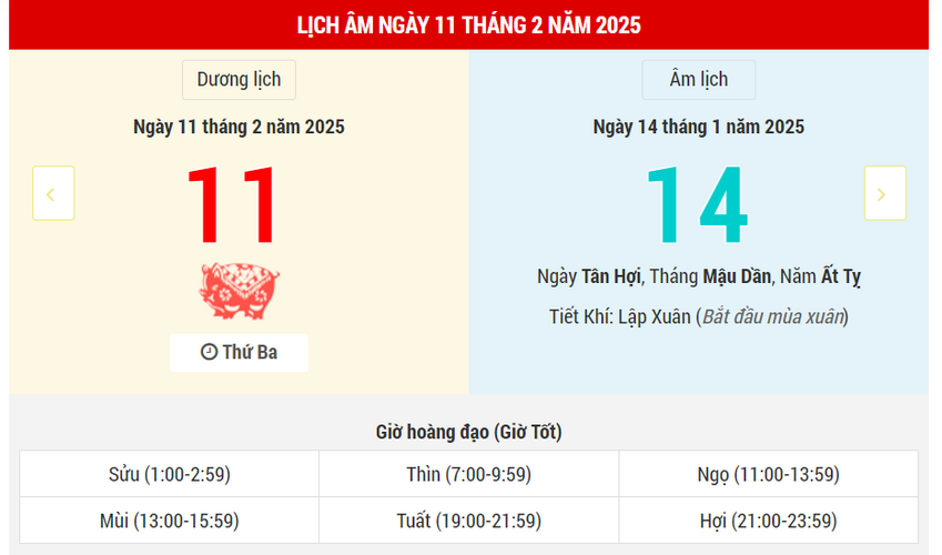Ngày 11 tháng 2 năm 2025 là ngày tốt hay xấu? Lịch vạn niên ngày 11/2/2025, ngày 14/1 Ất Tỵ, Câu Trần Hắc Đạo, khai trương tốt