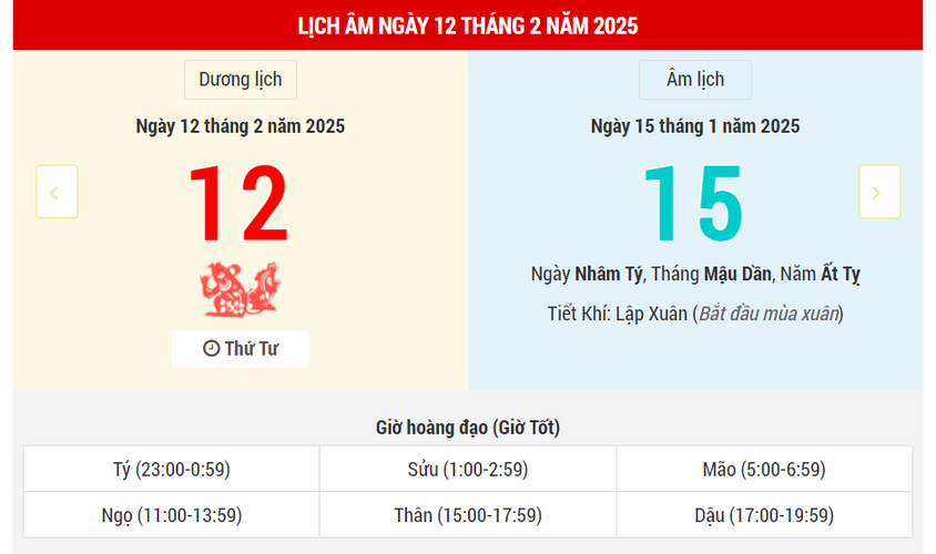Ngày 12 tháng 2 năm 2025 tốt hay xấu? Lịch vạn niên 12/2/2025, rằm tháng giêng 15/1 Ất Tỵ, Thanh Long Hoàng Đạo, ngày Kim Dương quý nhân phù trợ