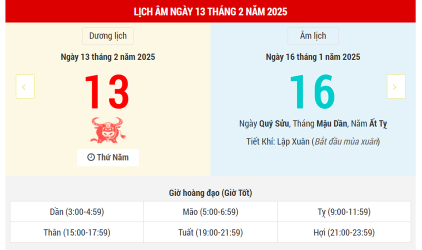 Ngày 13 tháng 2 năm 2025 tốt hay xấu? Lịch vạn niên 13/2/2025, ngày 16/1 Ất Tỵ, Minh Đường Hoàng Đạo, ngày Thuần Dương xuất hành tốt