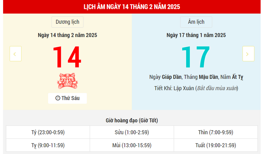 Ngày 14 tháng 2 năm 2025 tốt hay xấu? Lịch vạn niên 14/2/2025, ngày 17/1 Ất Tỵ, Thiên Hình Hắc Đạo, ngày Đạo Tặc rất xấu