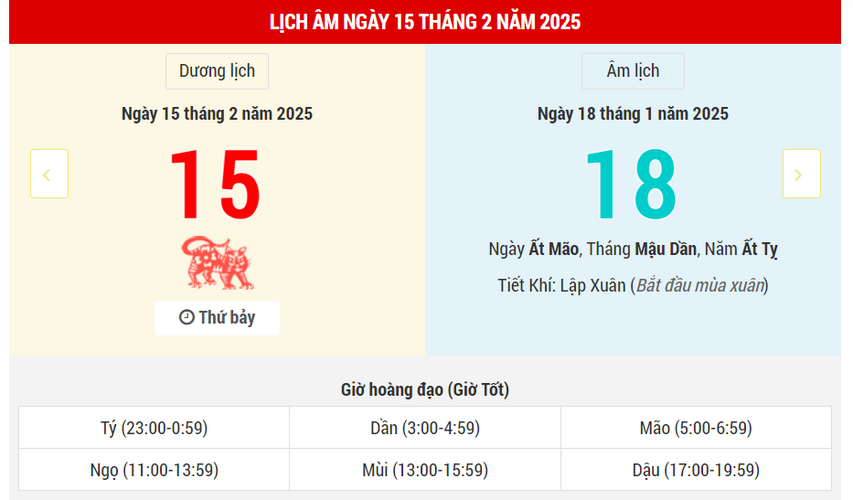 Ngày 15 tháng 2 năm 2025 tốt hay xấu? Lịch vạn niên 15/2/2025, ngày 18/1 Ất Tỵ, Chu Tước Hắc Đạo, tốt cho chữa bệnh