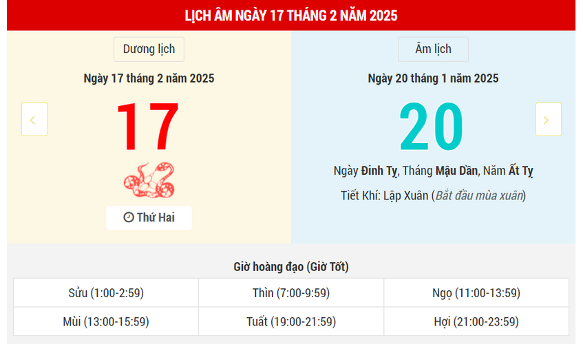 Ngày 17 tháng 2 năm 2025 tốt hay xấu? Lịch vạn niên 17/2/2025, ngày 20/1 Ất Tỵ, Kim Đường Hoàng Đạo, không nên xuất hành