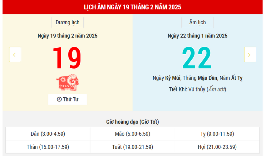 Ngày 19 tháng 2 năm 2025 tốt hay xấu? Lịch vạn niên 19/2/2025, ngày 22/1 Ất Tỵ, Ngọc Đường Hoàng Đạo, xuất hành cầu tài tốt