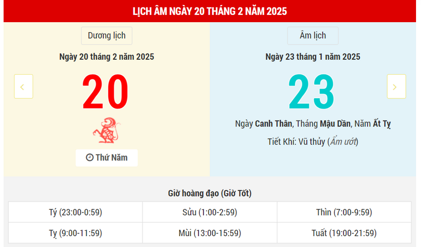 Ngày 20 tháng 2 năm 2025 tốt hay xấu? Lịch vạn niên 20/2/2025, ngày 23/1 Ất Tỵ, Thiên Lao Hắc Đạo, ngày Đạo tặc rất xấu