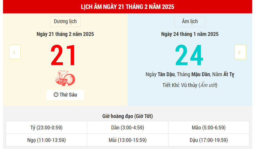 Ngày 21 tháng 2 năm 2025 tốt hay xấu? Lịch vạn niên 21/2/2025, ngày 23/1 Ất Tỵ, Nguyên Vũ Hắc Đạo, ngày không đẹp lắm
