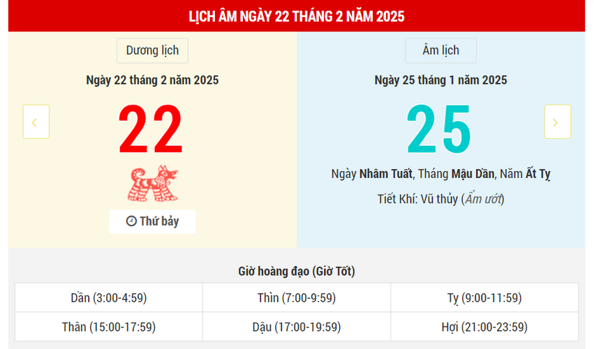 Ngày 22 tháng 2 năm 2025 tốt hay xấu? Lịch vạn niên ngày 22/2/2025, Âm Dương lịch ngày 22 tháng 02 năm 2025, Tư Mệnh Hoàng Đạo, động thổ tốt