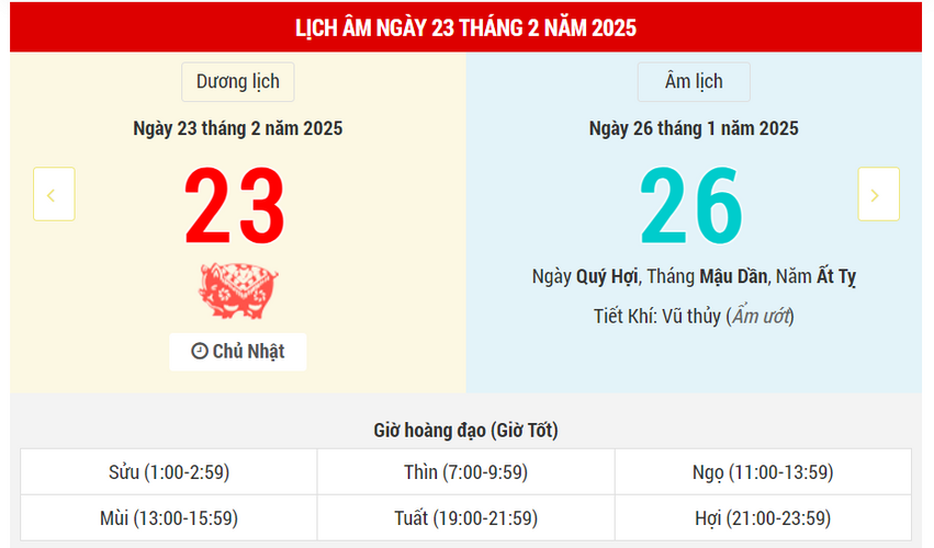 Ngày 23 tháng 2 năm 2025 là ngày tốt hay xấu? Lịch vạn niên ngày 23/2/2025, ngày 26/1 Ất Tỵ, Câu Trần Hắc Đạo, kị chôn cất, tránh xuất hành