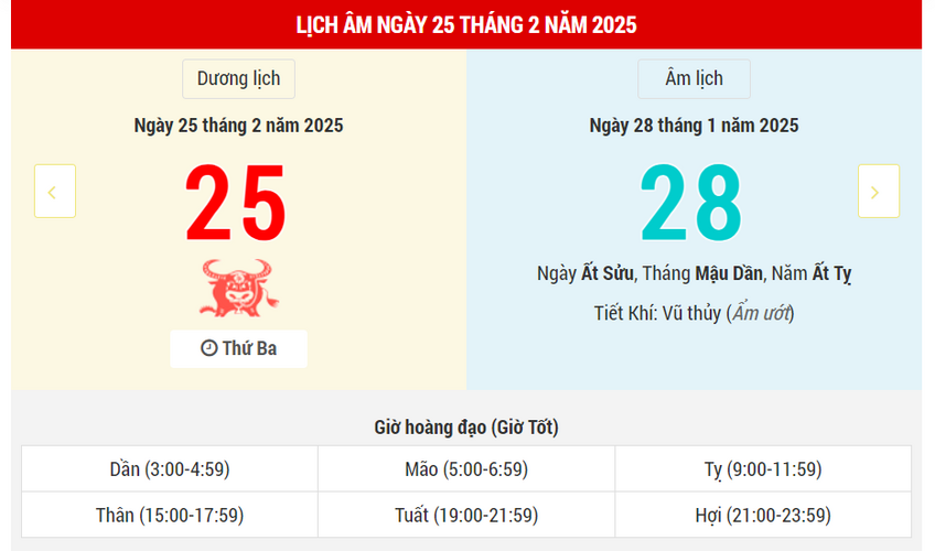Ngày 25 tháng 2 năm 2025 tốt hay xấu? Lịch vạn niên ngày 25/2/2025, ngày 28/1 âm lịch Ất Tỵ, Minh Đường Hoàng Đạo, ăn hỏi cưới gả được