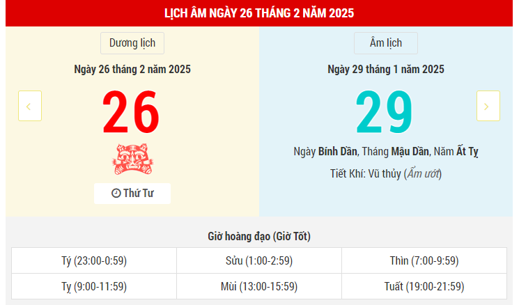 Ngày 26 tháng 2 năm 2025 là ngày tốt hay xấu? Lịch vạn niên ngày 26/2/2025, ngày 29/1 âm lịch Ất Tỵ, Thiên Hình Hắc Đạo, ngày Đạo tặc xuất hành xấu