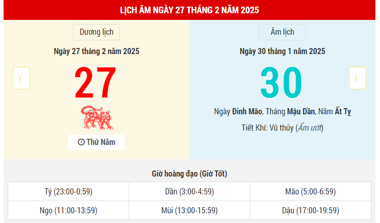 Ngày 27 tháng 2 năm 2025 là ngày tốt hay xấu? Lịch vạn niên ngày 27/2/2025, ngày 30/1 âm lịch Ất Tỵ, Chu Tước Hắc Đạo