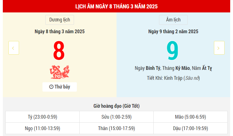 Ngày 8 tháng 3 năm 2025 là ngày tốt hay xấu? Lịch vạn niên ngày 8/3/2025, ngày 9/2 âm lịch Ất Tỵ, ngày Tư Mệnh Hoàng Đạo, kị chôn cất