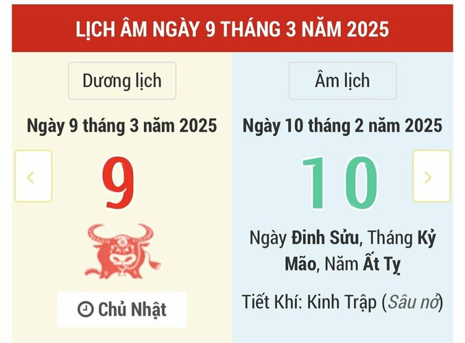 Ngày 9 tháng 3 năm 2025 là ngày tốt hay xấu? Lịch vạn niên ngày 9/3/2025, ngày 10/2 âm lịch Ất Tỵ, ngày Câu Trân Hắc Đạo