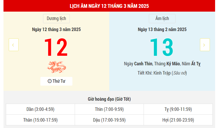 Xem lịch âm ngày 12/3/2025 có tốt không , lịch vạn niên ngày 12/3/2025. Xem ngày tốt xấu, giờ đẹp xuất hành, khai trương, động thổ ngày 13/2 âm lịch