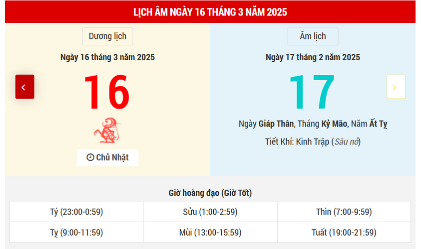 Ngày 16 tháng 3 năm 2025 là ngày tốt hay xấu? Lịch vạn niên ngày 16/3/2025, ngày 17/2 âm lịch Ất Tỵ, Bạch Hổ Hắc Đạo, kị khai trương xuất hành