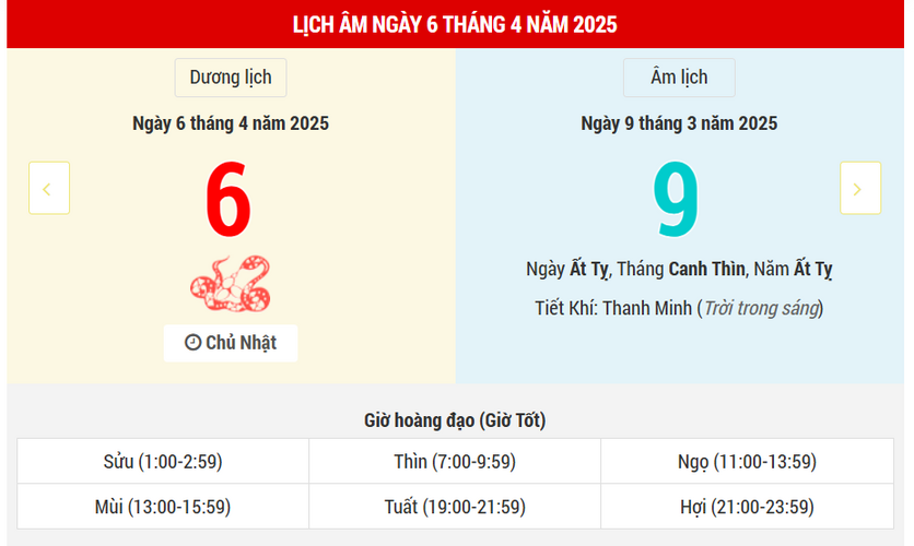 Ngày 6 tháng 4 năm 2025 là ngày tốt hay xấu? Lịch vạn niên ngày 6/4/2025, ngày 9/3 âm lịch Ất Tỵ, Minh Đường Hoàng Đạo