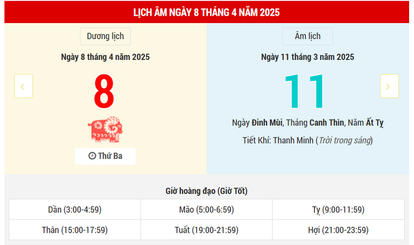 Ngày 8 tháng 4 năm 2025 là ngày tốt hay xấu? Lịch vạn niên ngày 8/4/2025, ngày 11/3 âm lịch Ất Tỵ, Chu Tước Hắc Đạo