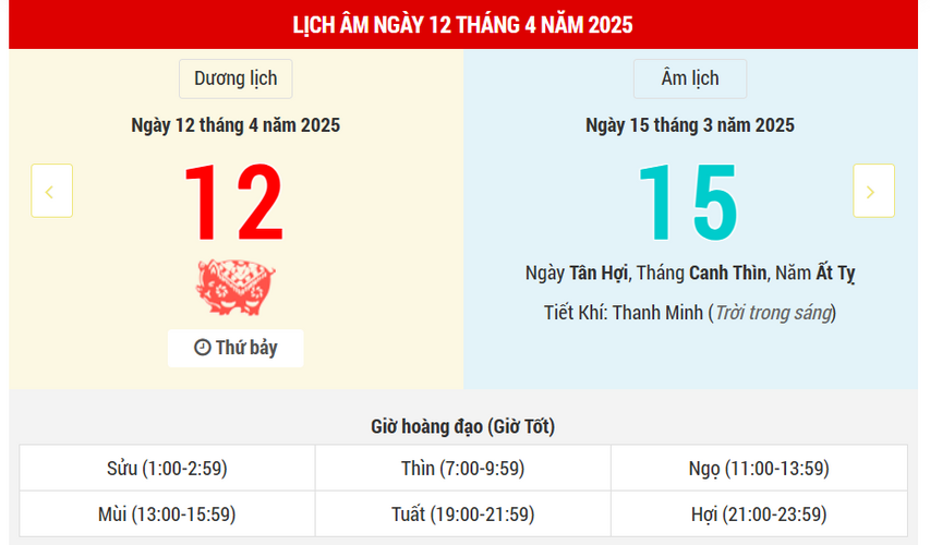 Ngày 12 tháng 4 năm 2025 là ngày tốt hay xấu? Lịch vạn niên ngày 12/4/2025, ngày 15/3 âm lịch Ất Tỵ, Ngọc Đường Hoàng Đạo