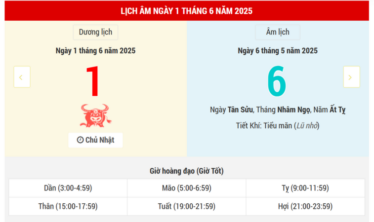 Ngày 1/6/2025 là ngày xấu hay tốt? Lịch vạn niên ngày 1/6/2025 ngày Kim Đường Hoàng Đạo làm gì thì tốt, kiêng gì?