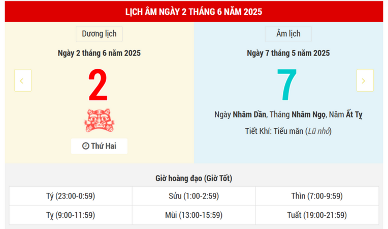 Ngày 2 tháng 6 năm 2025 là ngày tốt hay xấu? Lịch vạn niên ngày 2/6/2025, ngày 7/5 âm lịch Ất Tỵ, Bạch Hổ Hắc Đạo, chớ cưới hỏi