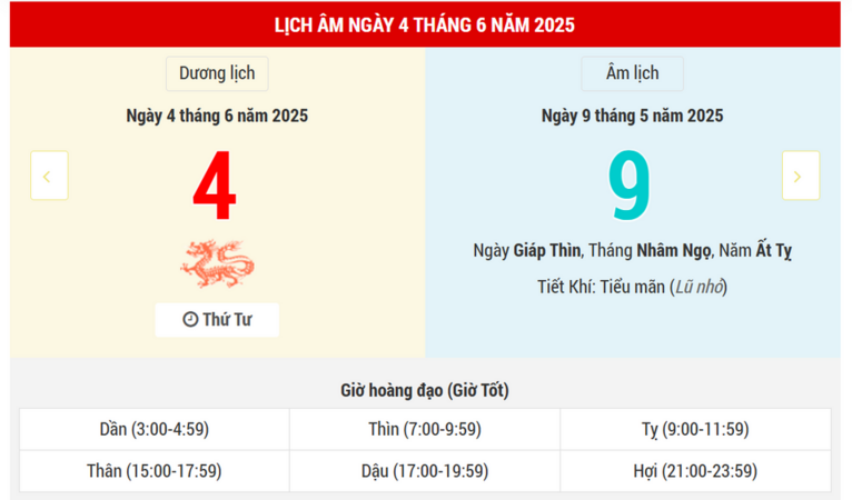 Ngày 4 tháng 6 năm 2025 là ngày tốt hay xấu? Lịch vạn niên ngày 4/6/2025, ngày 9/5 âm lịch Ất Tỵ, Thiên Lao Hắc Đạo