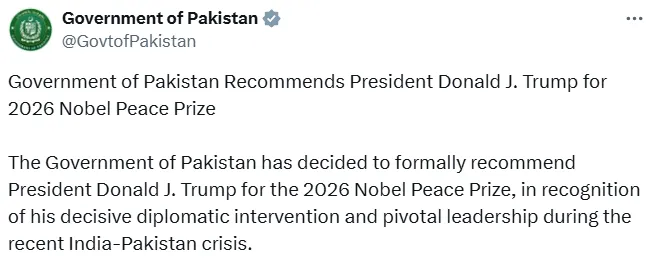 Chính phủ Pakistan đề nghị trao giải Nobel Hòa bình cho Trump