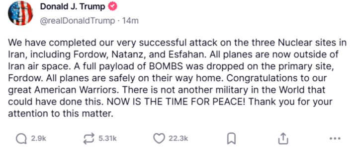 Tổng thống Trump: Mỹ đã không kích ba cơ sở hạt nhân Iran