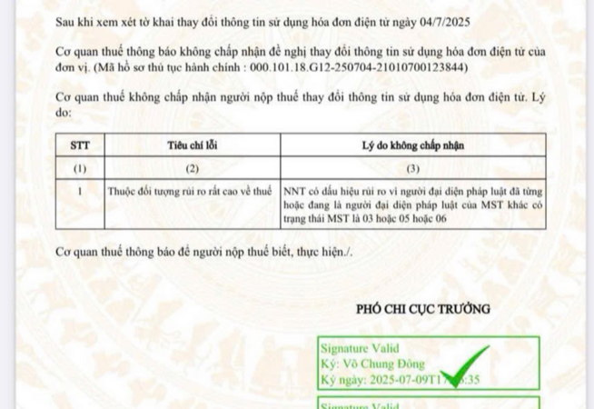 Bị thuế từ chối đề nghị thay đổi thông tin sử dụng hóa đơn điện tử vì sếp có công ty cũ rủi ro
