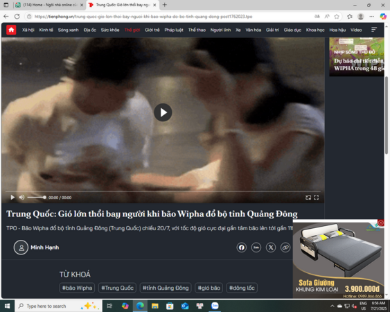 Gió lớn thổi bay người khi bão Wipha đổ bộ Trung Quốc, hãy cảnh giá khi bão càn quét