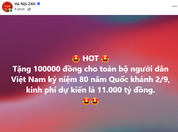 Mỗi người dân được tặng 100.000 đồng dịp 80 năm Quốc khánh thật không?