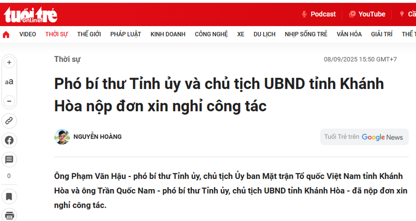 Phó bí thư Tỉnh ủy và chủ tịch UBND tỉnh Khánh Hòa nộp đơn xin nghỉ công tác