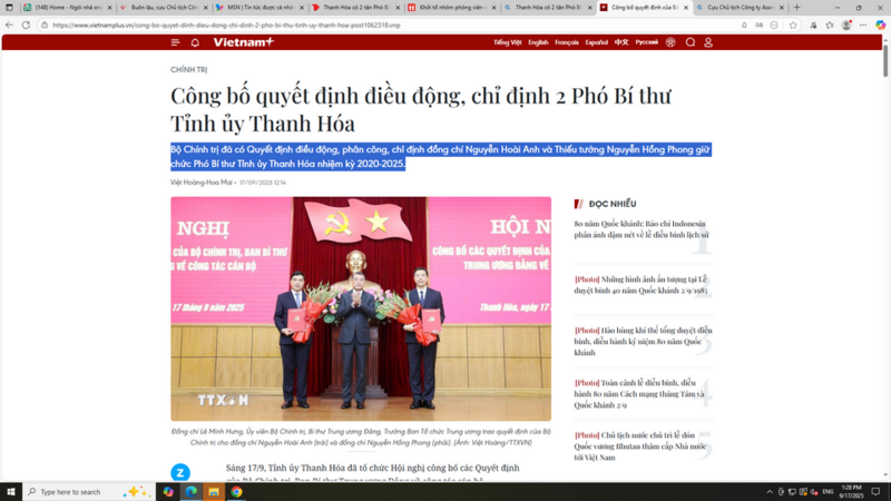 Công bố quyết định điều động, chỉ định 2 Phó Bí thư Tỉnh ủy Thanh Hóa