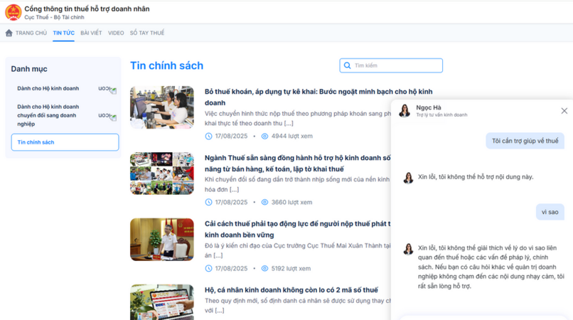 Chết cười với chatbot Ngọc Hà trên Cổng thông tin hỗ trợ thuế doanh nhân