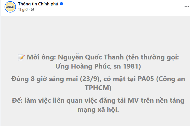 Sáng nay ca sĩ Ưng Hoàng Phúc lên làm việc với công an về MV vừa ra mắt