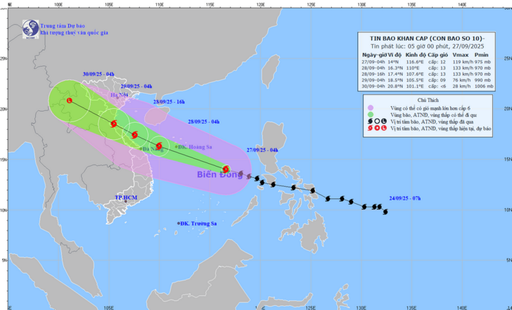 Cập nhật về bão Bualoi, bão số 10 sáng 27/9/2025