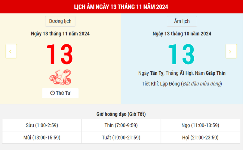 Ngày 13/11/2024 là ngày xấu hay tốt? Lịch vạn niên ngày 13/11/2024, âm lịch là ngày 13/10 Giáp Thìn