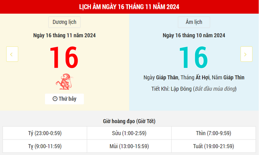 Ngày 16 tháng 11 năm 2024 là ngày tốt hay xấu? Lịch vạn niên ngày 16/11/2024, âm lịch 16/10 Giáp Thìn