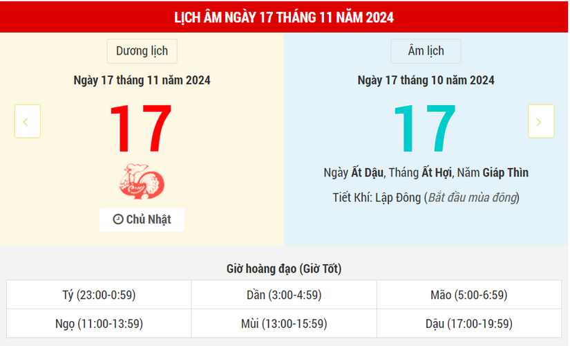 Ngày 17 tháng 11 năm 2024 là ngày tốt hay xấu? Lịch vạn niên ngày 17/11/2024, ngày 17/10 âm lịch Giáp Thìn