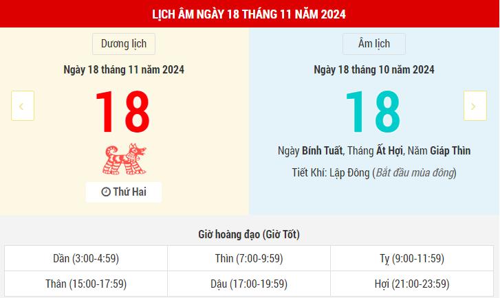 Ngày 18 tháng 11 năm 2024 là ngày tốt hay xấu? Lịch vạn niên ngày 18/11/2024, ngày 18/10 âm lịch Giáp Thìn Kim Quỹ Hoàng Đạo