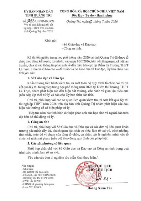 Đến lượt Quảng Trị xác minh loạt tố cáo tiêu cực thi tốt nghiệp THPT 2026