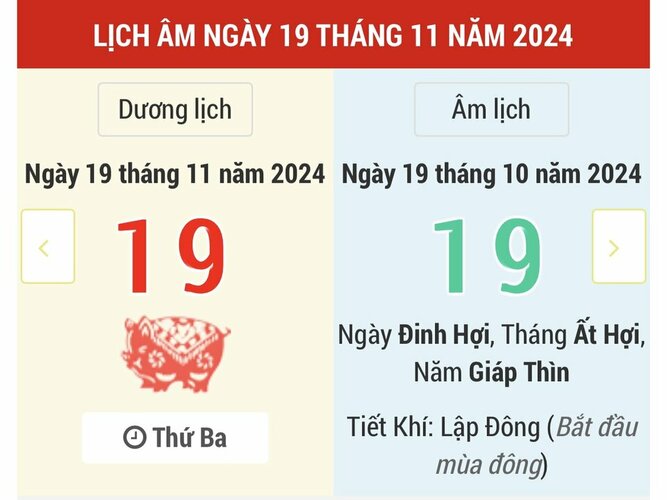 Ngày 19 tháng 11 năm 2024 là ngày tốt hay xấu? Lịch vạn niên ngày 19/11/2024, ngày 19/10 âm lịch Giáp Thìn Kim Đường Hoàng Đạo