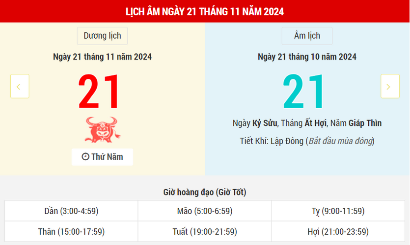 Ngày 21 tháng 11 năm 2024 là ngày tốt hay xấu? Lịch vạn niên ngày 21/11/2024, ngày 21/10 âm lịch Giáp Thìn Ngọc Đường Hoàng Đạo