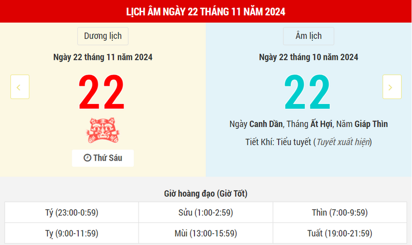 Ngày 22 tháng 11 năm 2024 là ngày tốt hay xấu? Ngày Thiên Lao Hắc Đạo xấu cho việc gì? Lịch vạn niên ngày 22/11/2024, ngày 22/10 âm lịch Tiểu Tuyết