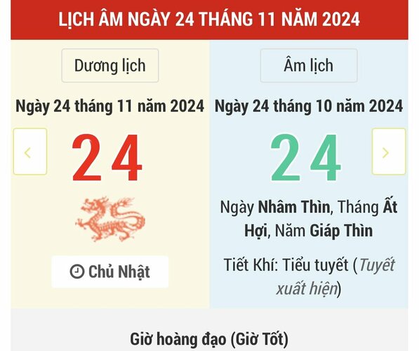 Ngày 24 tháng 11 năm 2024 là ngày tốt hay xấu? Lịch vạn niên ngày 24/11/2024, ngày 24/10 âm lịch Giáp Thìn Tư Mệnh Hoàng Đạo